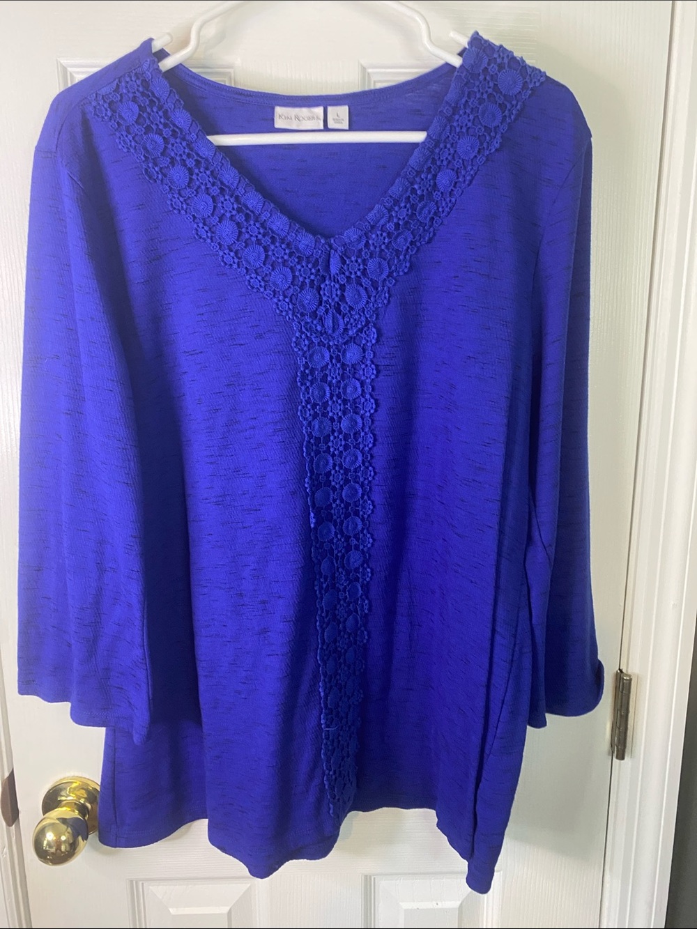 Kim Roger’s Cobalt Blue V-Neck Crochet-Trim Tunic Size Large.